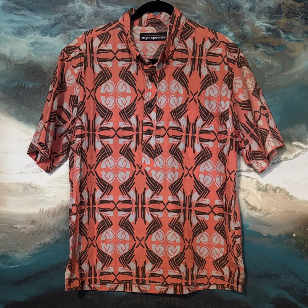 Reyn Spooner Coral and Grey Geometric Aloha Shirt